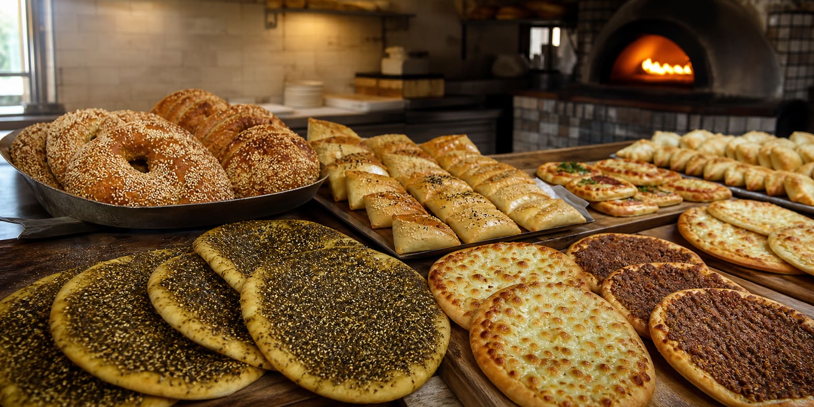 Warm Lebanese bakery counter filled with manoush, pastries, and pies