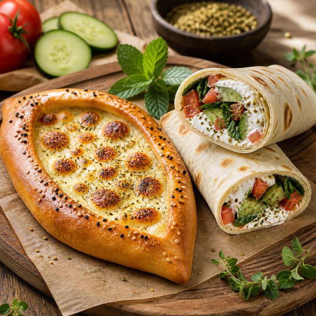 Halloumi pide beside a labne vegetable wrap